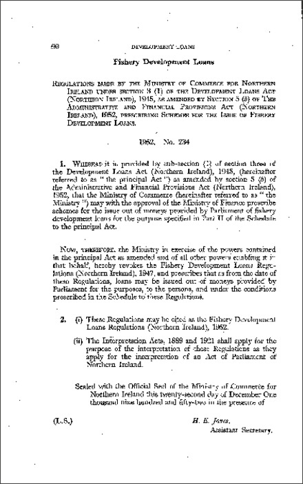 The Fishery Development Loans Regulations (Northern Ireland) 1952