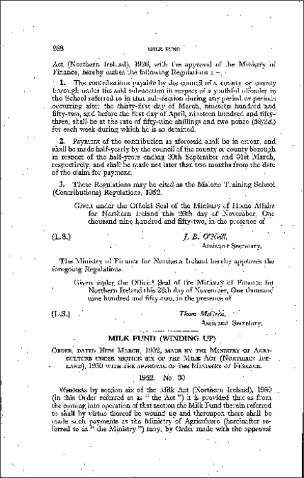The Milk Fund (Winding up) Order (Northern Ireland) 1952