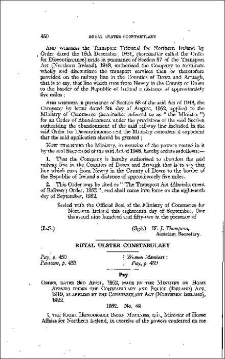 The Royal Ulster Constabulary Pay Order (Northern Ireland) 1952