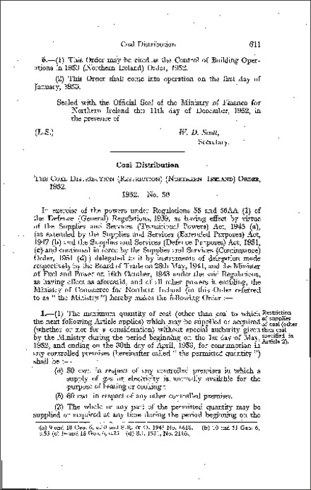 The Coal Distribution (Restriction) Order (Northern Ireland) 1952