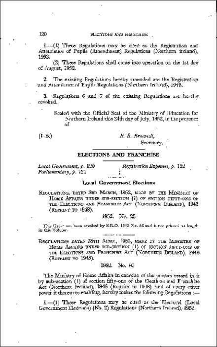 The Electoral (Local Government Elections) (No. 2) Regulations (Northern Ireland) 1952