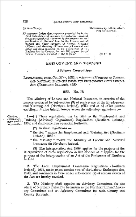 The Employment and Training (Advisory Committees) Regulations (Northern Ireland) 1952