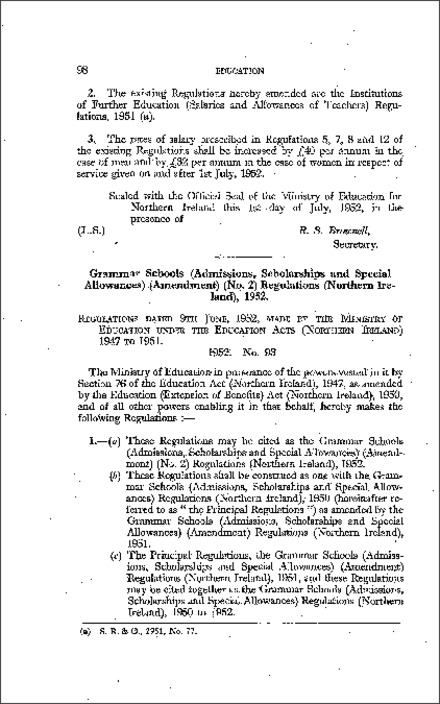The Grammar Schools (Admissions, Scholarships and Special Allowances) (Amendment No. 2) Regulations (Northern Ireland) 1952
