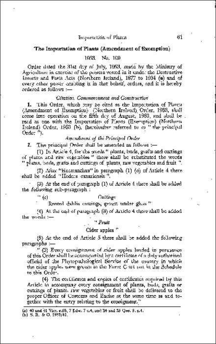 The Importation of Plants (Amendment of Exemption) Order (Northern Ireland) 1953