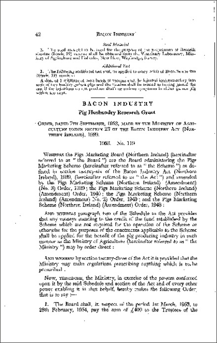 The Bacon Industry (Pig Husbandry Research Grant) Order (Northern Ireland) 1953