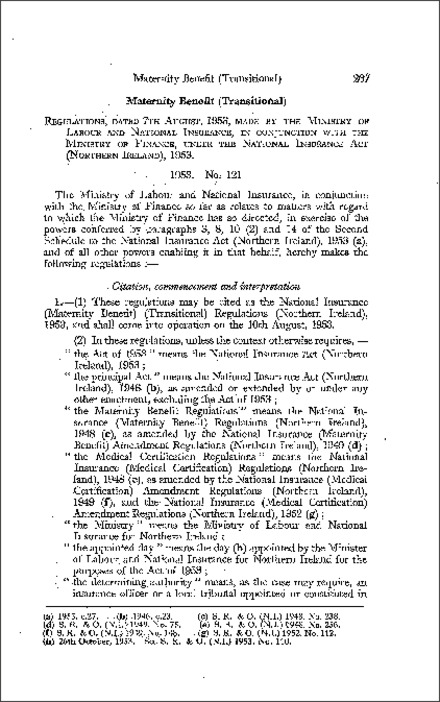 The National Insurance (Maternity Benefit) (Transitional) Regulations (Northern Ireland) 1953