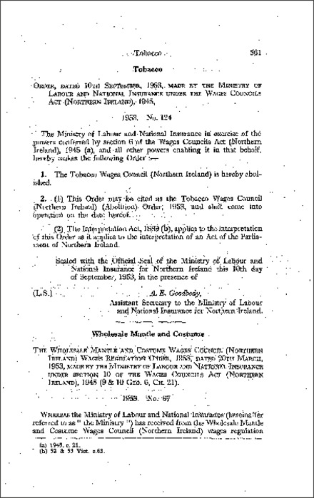 The Tobacco Wages Council (Northern Ireland) Abolition Order (Northern Ireland) 1953