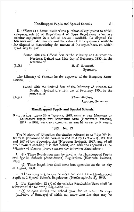 The Handicapped Pupils and Special Schools (Amendment) Regulations (Northern Ireland) 1953