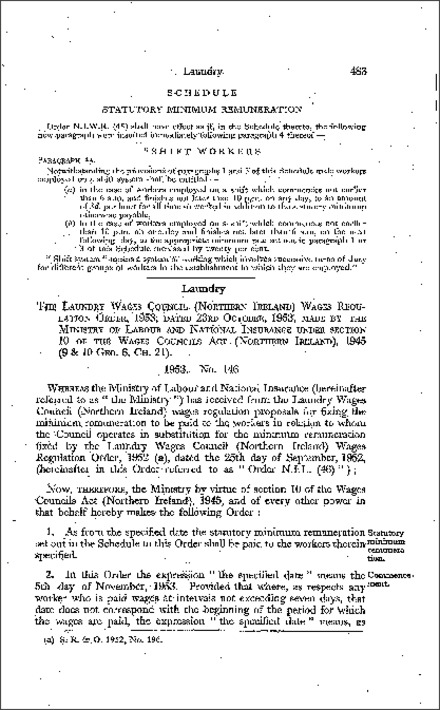 The Laundry Wages Council (Northern Ireland) Wages Regulations Order (Northern Ireland) 1953