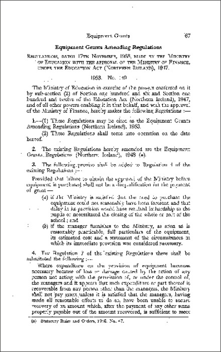 The Equipment Grants Amendment Regulations (Northern Ireland) 1953