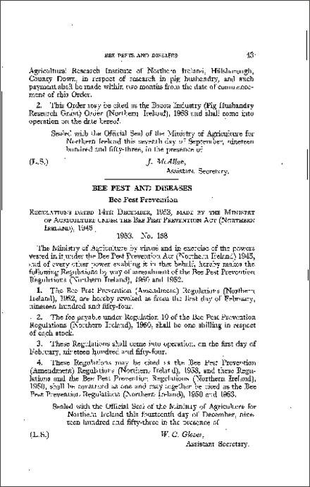 The Bee Pest Prevention (Amendment) Regulations (Northern Ireland) 1953