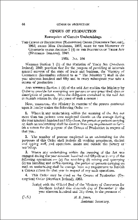 The Census of Production (Exemption) Order (Northern Ireland) 1953