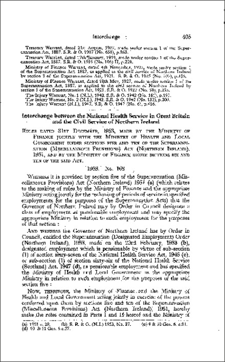 The Superannuation (National Health Service in Great Britain and Civil Service of Northern Ireland) Interchange Rule (Northern Ireland) 1953