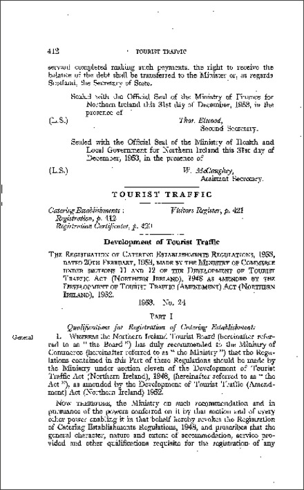The Registration of Catering Establishments Regulations (Northern Ireland) 1953
