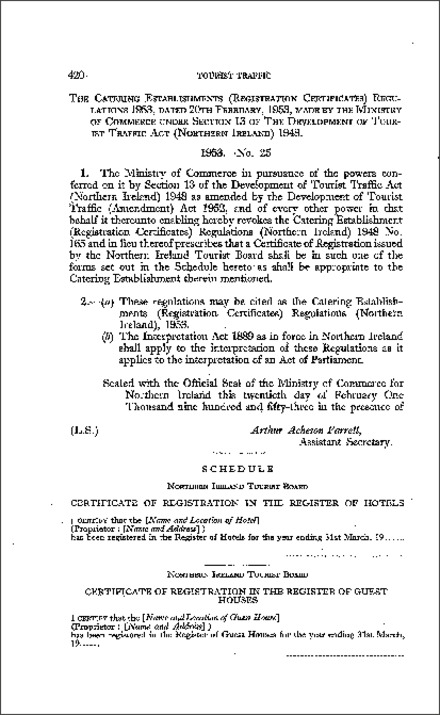 The Catering Establishments (Registration of Certificates) Regulations (Northern Ireland) 1953