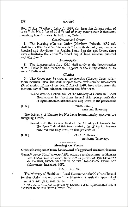 The Housing on Farms (Grants) Order (Northern Ireland) 1953