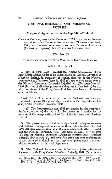 The National Insurance and Industrial Injuries (Reciprocal Agreement with the Royal o. I.) Order (Northern Ireland) 1953