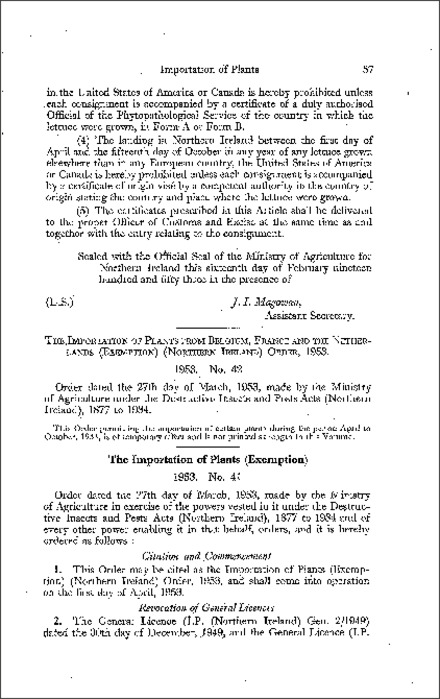 The Importation of Plants (Exemption) Order (Northern Ireland) 1953