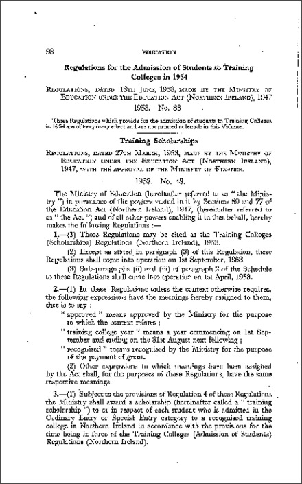 The Training Colleges (Scholarships) Regulations (Northern Ireland) 1953
