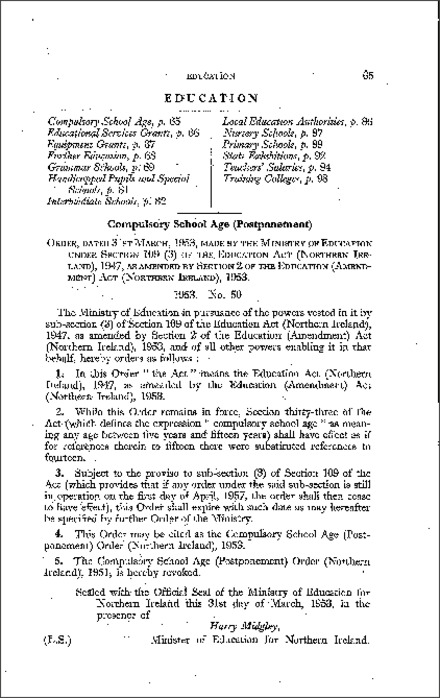 The Compulsory School Age (Postponement) Order (Northern Ireland) 1953