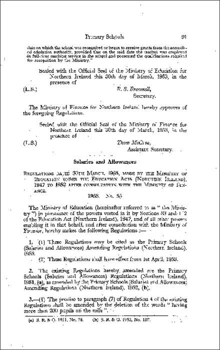 The Primary Schools (Salaries and Allowances) Amendment Regulations (Northern Ireland) 1953