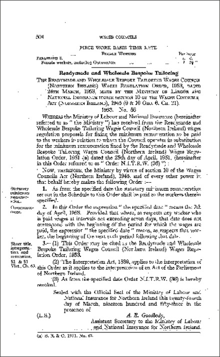 The Readymade and Wholesale Bespoke Tailoring Wages Council (Northern Ireland) Wages Regulation Order (Northern Ireland) 1953
