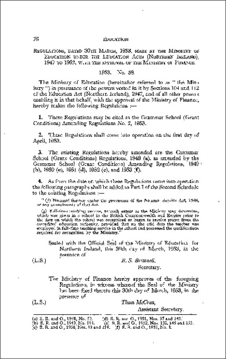 The Grammar School Grant Conditions Amendment Regulations No 3 Northern Ireland 1953