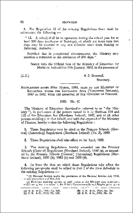 The Primary Schools (General) (Amendment) Regulations (No. 2) (Northern Ireland) 1953