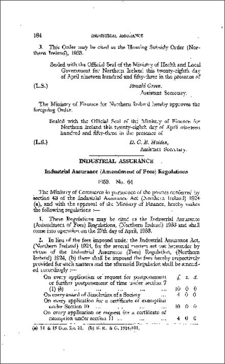 The Industrial Assurance (Amendment of Fees) Regulations (Northern Ireland) 1953