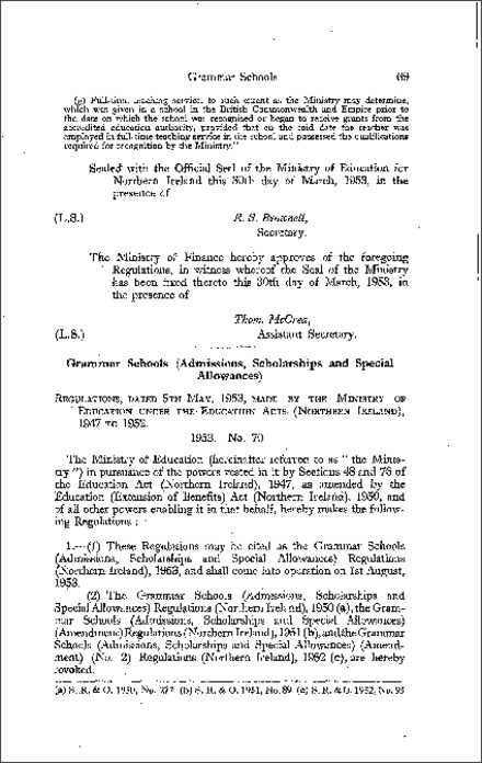 The Grammar Schools (Admissions, Scholarships and Special Allowances) Regulations (Northern Ireland) 1953