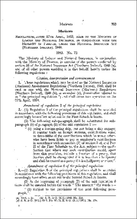 The National Insurance (Mariners) Amendment Regulations (Northern Ireland) 1953