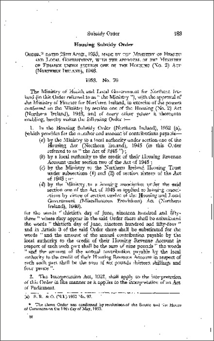 The Housing Subsidy Order (Northern Ireland) 1953