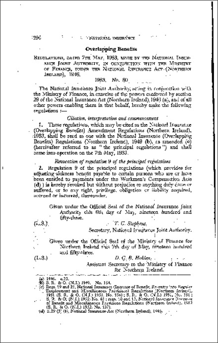 The National Insurance (Overlapping Benefits) Amendment Regulations (Northern Ireland) 1953