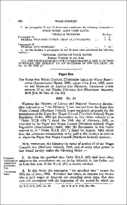 The Paper Box Wages Council (Northern Ireland) Wages Regulations (Amendment) Order (Northern Ireland) 1953