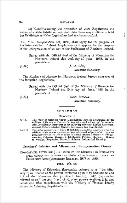 The Teachers' Salaries and Allowances (Compensation Grants) Regulations (Northern Ireland) 1953