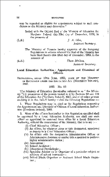The Regulations respecting the Appointment and Dismissal of Officers of Local Education Auths (Northern Ireland) 1953
