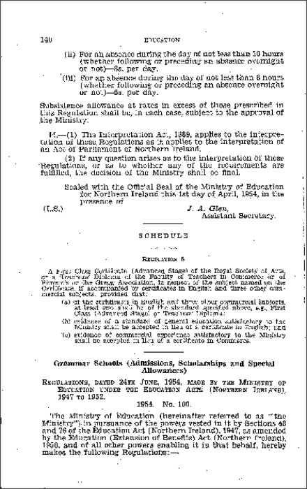 The Grammar Schools, (Admissions, Scholarships and Special Allowances) (Amendment) Regulations (Northern Ireland) 1954