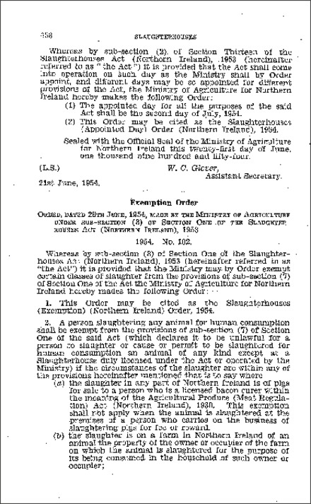 The Slaughterhouses (Exemption) Order (Northern Ireland) 1954