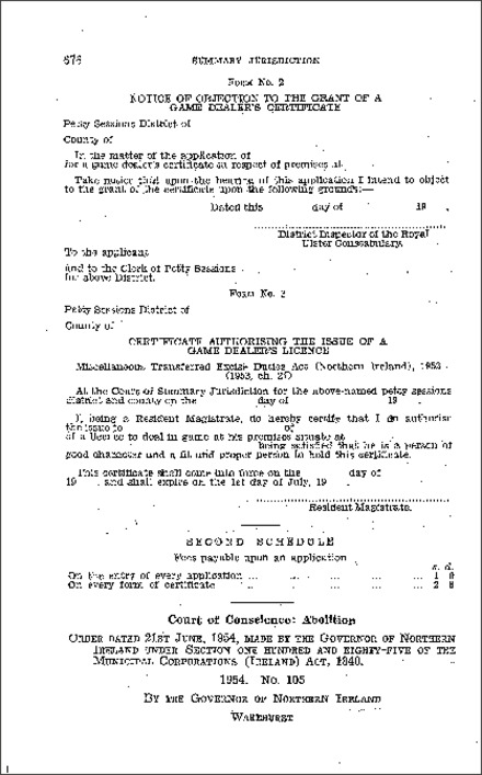 The Londonderry Court of Conscience (Discontinuance) Order (Northern Ireland) 1954