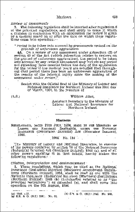 The National Insurance (Industrial Injuries) (Mariners) Amendment Regulations (Northern Ireland) 1954