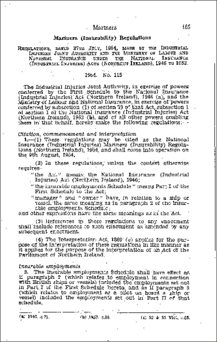 The National Insurance (Industrial Injuries) Mariners (Insurability) Regulations (Northern Ireland) 1954