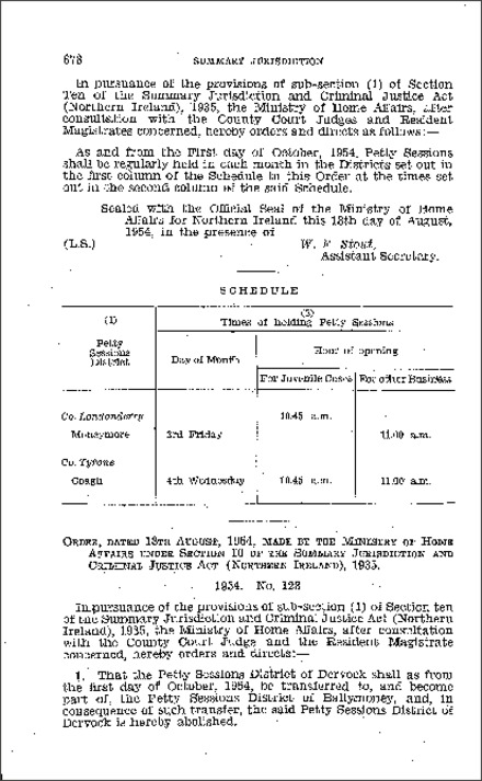 The Summary Jurisdiction: Petty Sessions Districts and Times: Dervock: Order (Northern Ireland) 1954