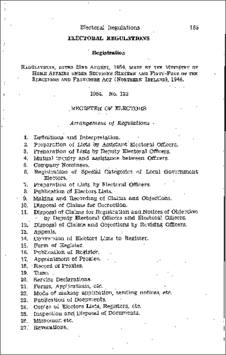 The Electoral (Registration) Regulations (Northern Ireland) 1954