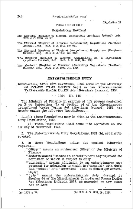 The Entertainments Duty Regulations (Northern Ireland) 1954