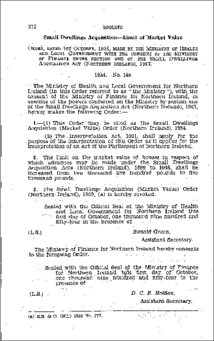 The Small Dwellings Acquisition (Market Value) Order (Northern Ireland) 1954