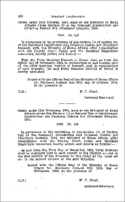 The Summary Jurisdiction: Petty Sessions Districts and Times: Trynan: Order (Northern Ireland) 1954