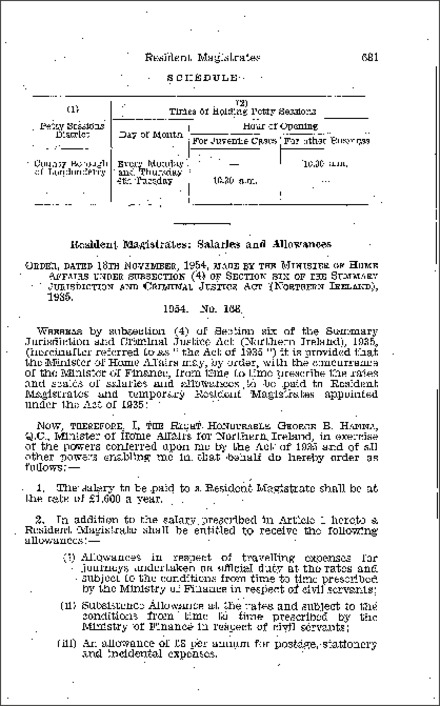 The Resident Magistrates (Salaries and Allowances) Order (Northern Ireland) 1954