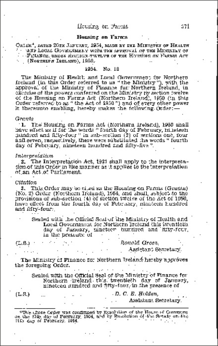 The Housing on Farms (Grants) (No. 2) Order (Northern Ireland) 1954