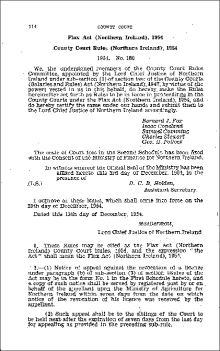 The Flax Act (Northern Ireland) County Court Rules (Northern Ireland) 1954