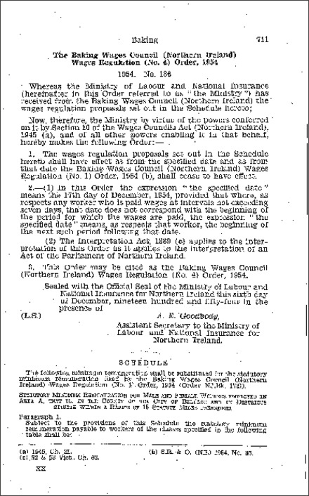 The Baking Wages Council (Northern Ireland) Wages Regulations (No. 4) Order (Northern Ireland) 1954